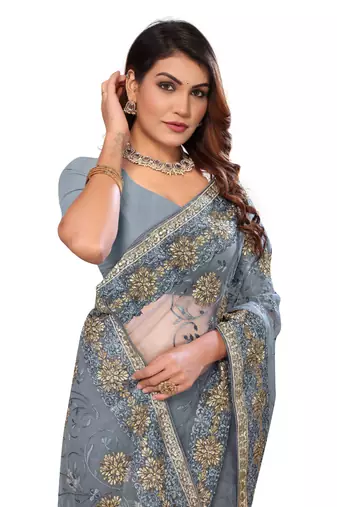 Light grey resham zari stone embroidery work net saree