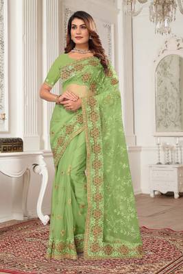 Green resham zari stone embroidery work net saree 1