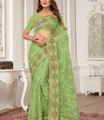Green resham zari stone embroidery work net saree