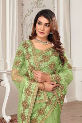 Green resham zari stone embroidery work net saree 2