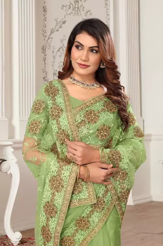 Green resham zari stone embroidery work net saree