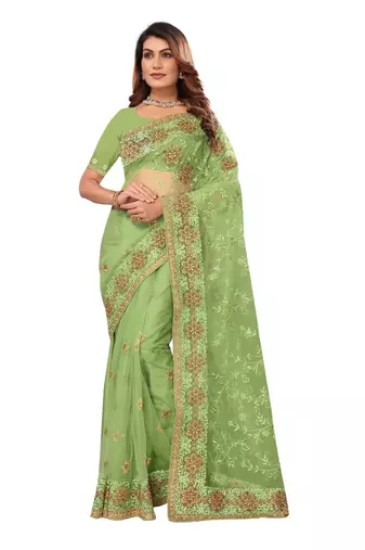 Green resham zari stone embroidery work net saree