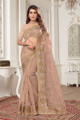 Beige resham zari stone embroidery work net saree