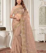 Beige resham zari stone embroidery work net saree