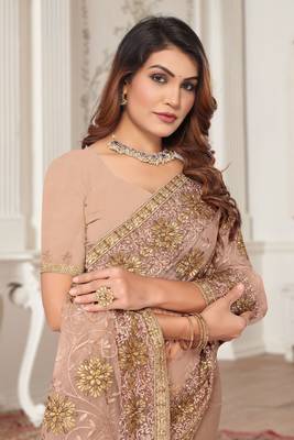 Beige resham zari stone embroidery work net saree 2