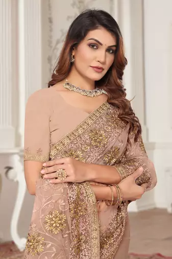 Beige resham zari stone embroidery work net saree