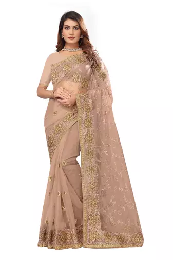Beige resham zari stone embroidery work net saree