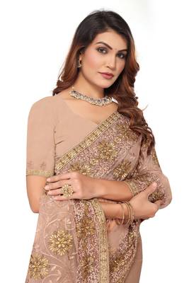 Beige resham zari stone embroidery work net saree 5