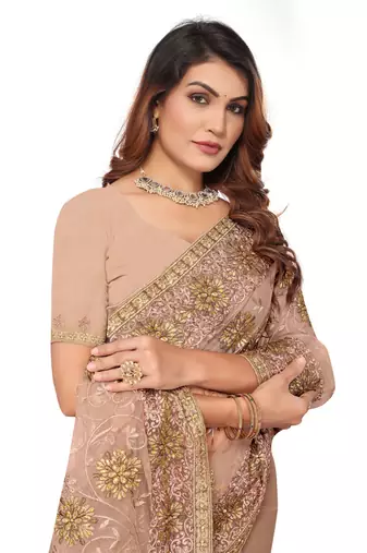 Beige resham zari stone embroidery work net saree