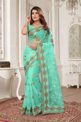 Sea green resham zari stone embroidery work net saree 1