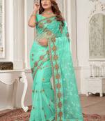 Sea green resham zari stone embroidery work net saree