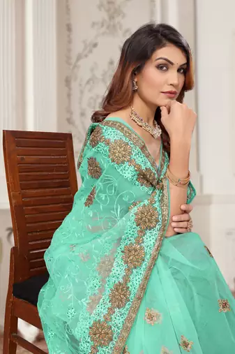 Sea green resham zari stone embroidery work net saree