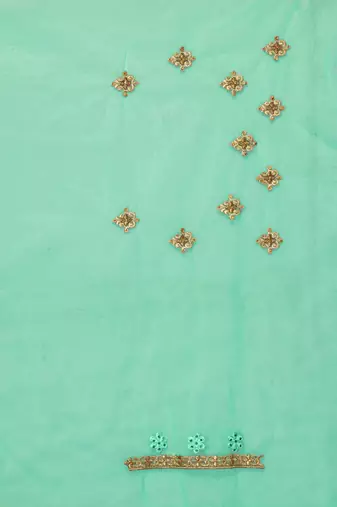 Sea green resham zari stone embroidery work net saree