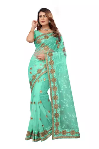 Sea green resham zari stone embroidery work net saree