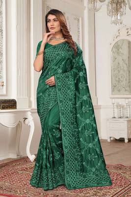 Green heavy resham coding embroidery work silk saree 1