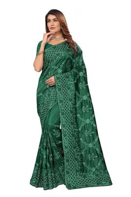 Green heavy resham coding embroidery work silk saree 4
