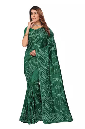 Green heavy resham coding embroidery work silk saree