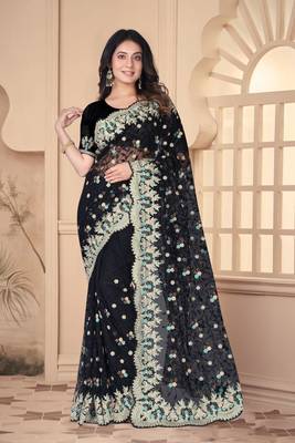 Black heavy resham stone embroidery work net saree 1