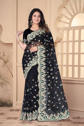 Black heavy resham stone embroidery work net saree