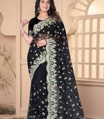 Black heavy resham stone embroidery work net saree