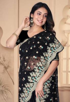 Black heavy resham stone embroidery work net saree 2