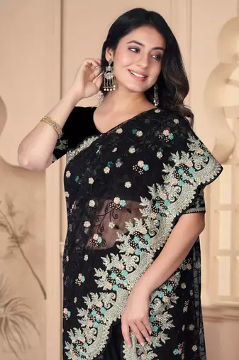 Black heavy resham stone embroidery work net saree