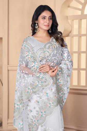 White heavy resham stone embroidery work net saree