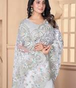 White heavy resham stone embroidery work net saree
