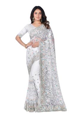 White heavy resham stone embroidery work net saree 3