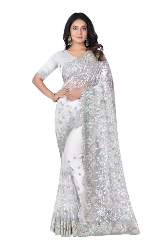White heavy resham stone embroidery work net saree