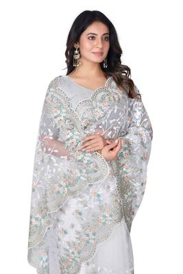 White heavy resham stone embroidery work net saree 4
