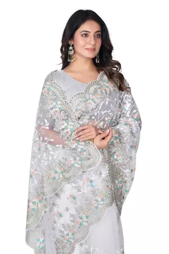 White heavy resham stone embroidery work net saree