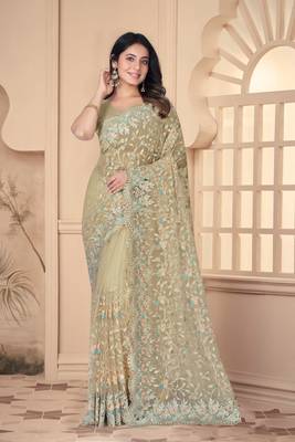 Beige heavy resham stone embroidery work net saree 1