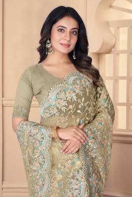 Beige heavy resham stone embroidery work net saree 2
