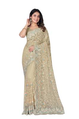 Beige heavy resham stone embroidery work net saree 4