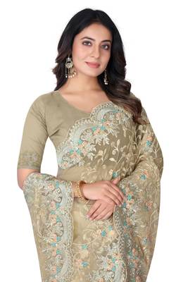 Beige heavy resham stone embroidery work net saree 5