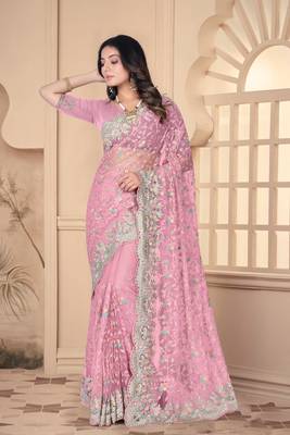 Pink heavy resham stone embroidery work net saree 1
