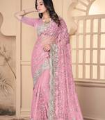 Pink heavy resham stone embroidery work net saree