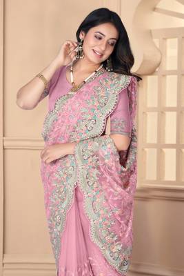 Pink heavy resham stone embroidery work net saree 2