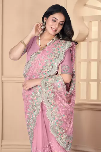 Pink heavy resham stone embroidery work net saree
