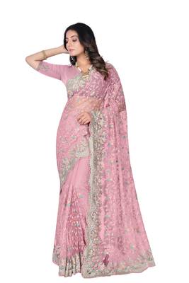 Pink heavy resham stone embroidery work net saree 4