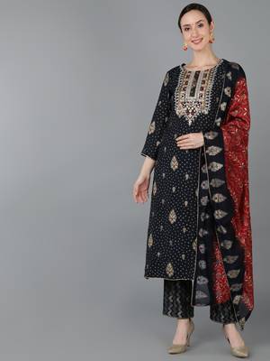 black embroidered chanderi silk styles women's kurta trousers with dupatta 1