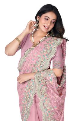 Pink heavy resham stone embroidery work net saree 5