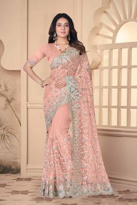 Peach heavy resham stone embroidery work net saree 1