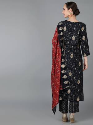 black embroidered chanderi silk styles women's kurta trousers with dupatta 4