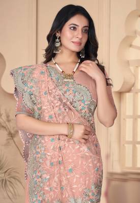 Peach heavy resham stone embroidery work net saree 2