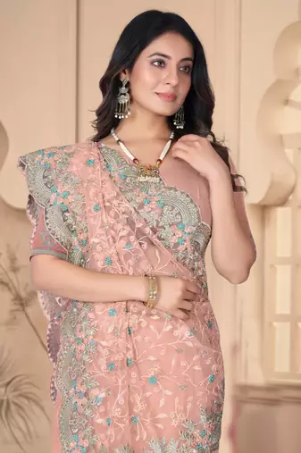 Peach heavy resham stone embroidery work net saree