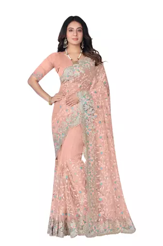 Peach heavy resham stone embroidery work net saree