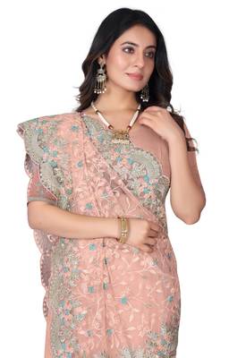 Peach heavy resham stone embroidery work net saree 5