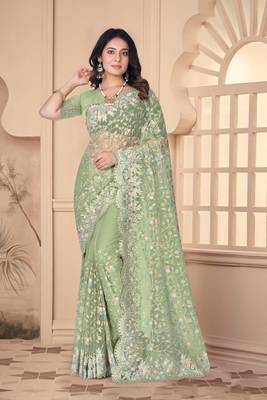 Pista green heavy resham stone embroidery work net saree 1